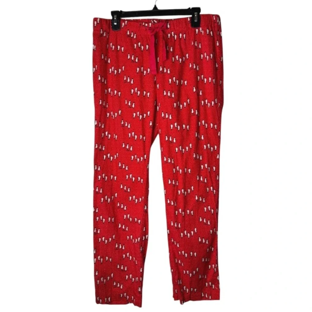 J Crew Pajama Pants Women‎ Medium Red Penguin Print Cotton Drawstring Loungewear